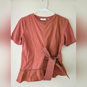 Sandro Terracotta Short Sleeve Top with Bow 100 Cotton